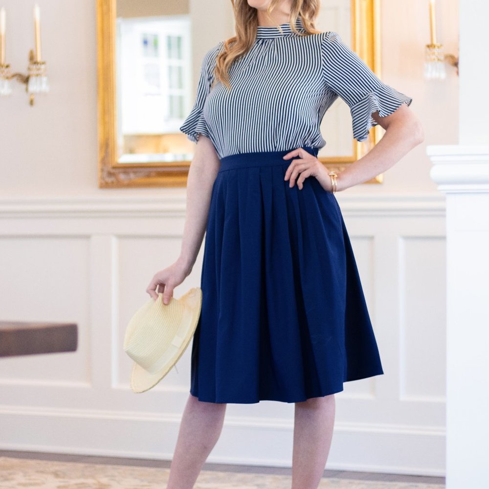 Navy Blue Pleated Midi Skirt